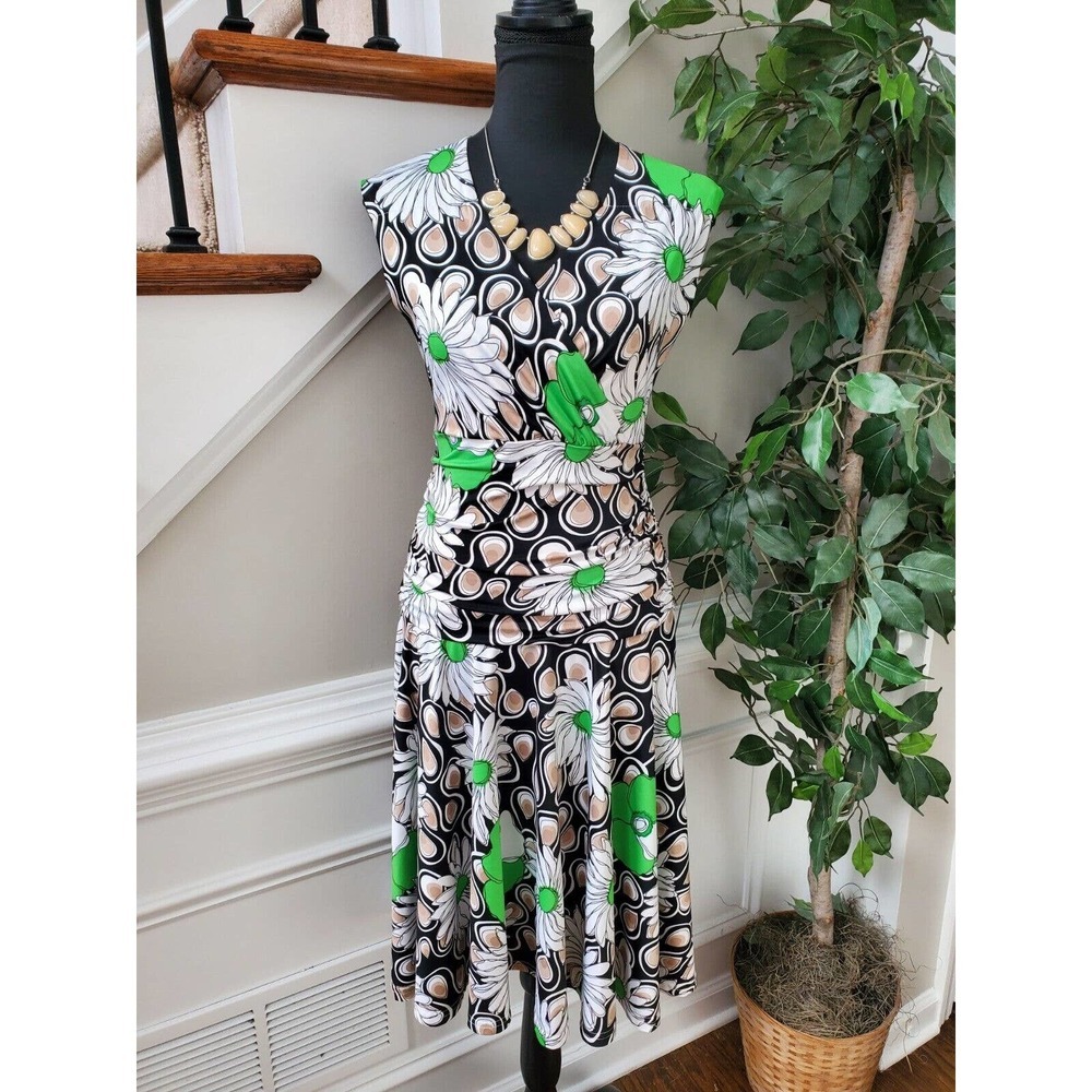 Multicolor Women's Floral 100% Polyester V-Neck Sleeveless Knee Length Dress